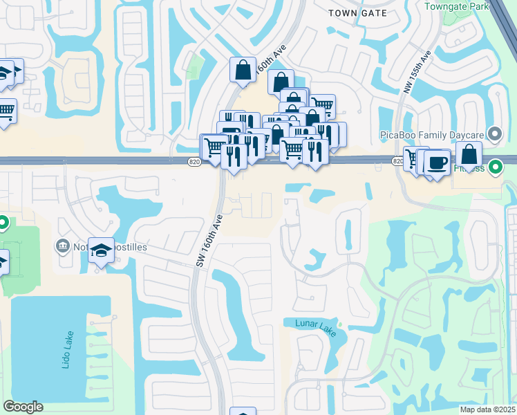 map of restaurants, bars, coffee shops, grocery stores, and more near 16000 Pines Boulevard in Pembroke Pines
