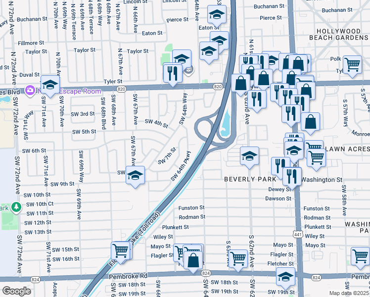 map of restaurants, bars, coffee shops, grocery stores, and more near 510 Southwest 64th Parkway in Pembroke Pines