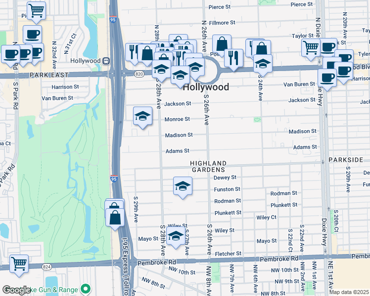 map of restaurants, bars, coffee shops, grocery stores, and more near 2718 Madison Street in Hollywood