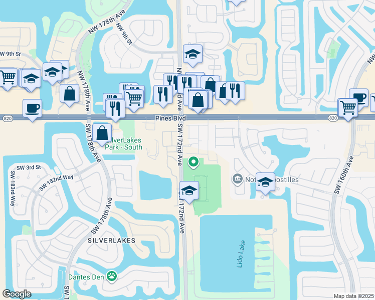 map of restaurants, bars, coffee shops, grocery stores, and more near 201 Southwest 172nd Avenue in Pembroke Pines