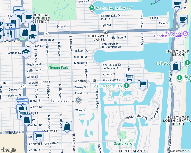 map of restaurants, bars, coffee shops, grocery stores, and more near 1235 Adams Street in Hollywood