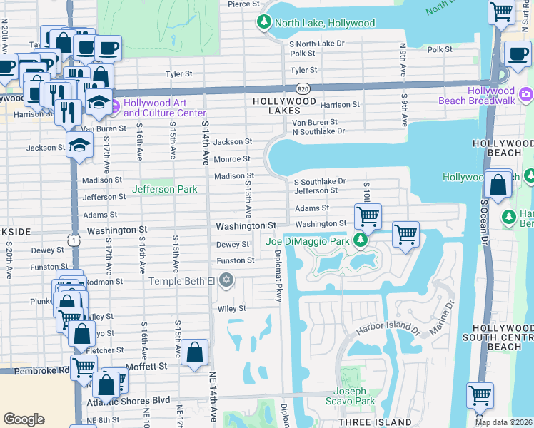 map of restaurants, bars, coffee shops, grocery stores, and more near 1235 Adams Street in Hollywood