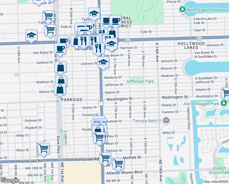 map of restaurants, bars, coffee shops, grocery stores, and more near 1651 Adams Street in Hollywood