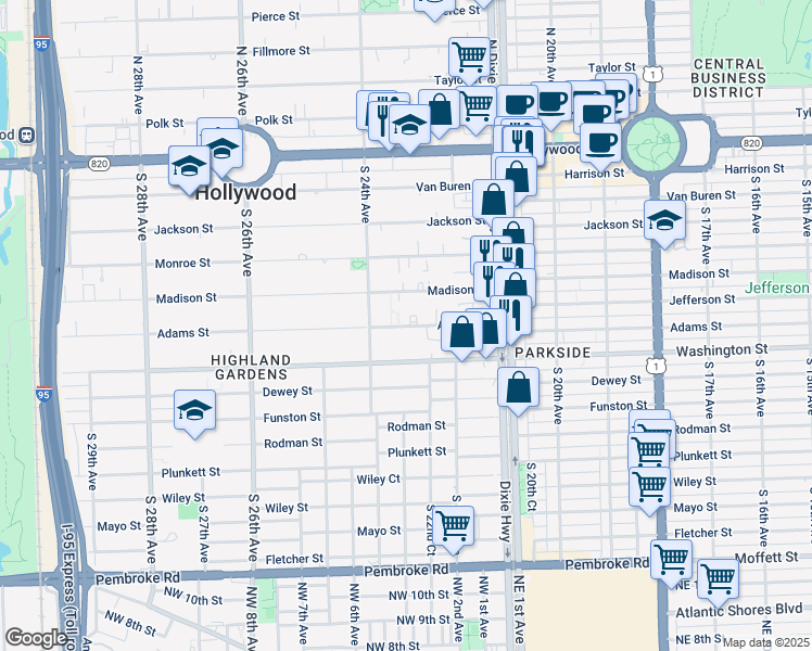 map of restaurants, bars, coffee shops, grocery stores, and more near 2243 Adams Street in Hollywood