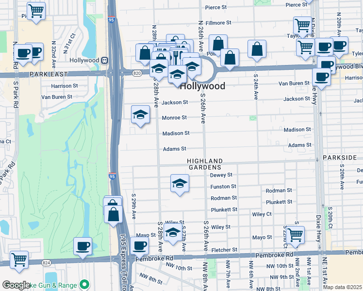 map of restaurants, bars, coffee shops, grocery stores, and more near 2718 Madison Street in Hollywood