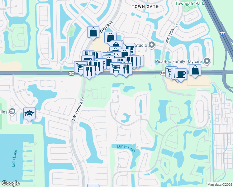 map of restaurants, bars, coffee shops, grocery stores, and more near 15875 Southwest 3rd Street in Pembroke Pines