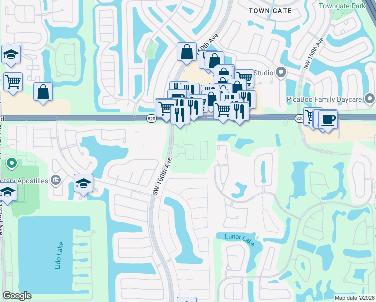 map of restaurants, bars, coffee shops, grocery stores, and more near 165 Southwest 160th Avenue in Pembroke Pines