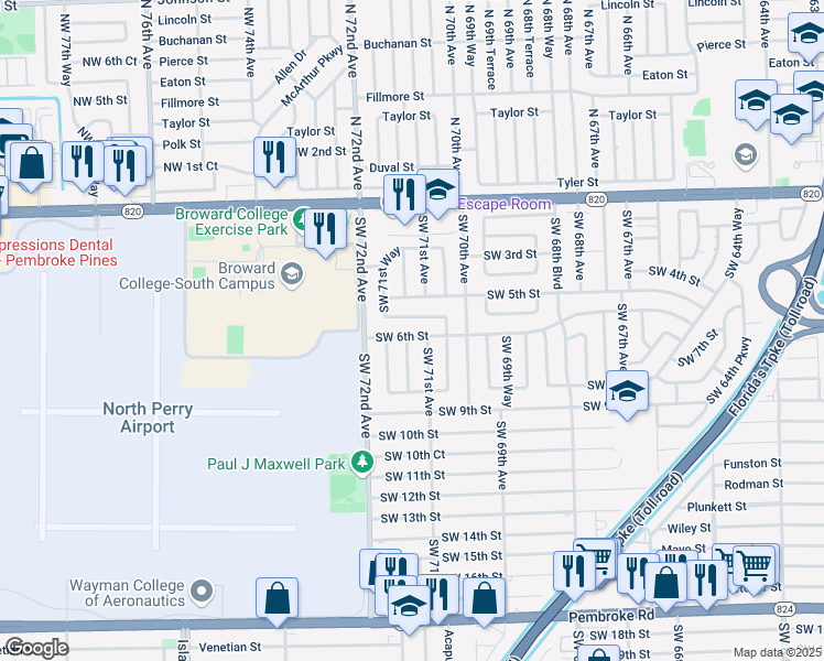 map of restaurants, bars, coffee shops, grocery stores, and more near 7040 Southwest 5th Court in Pembroke Pines