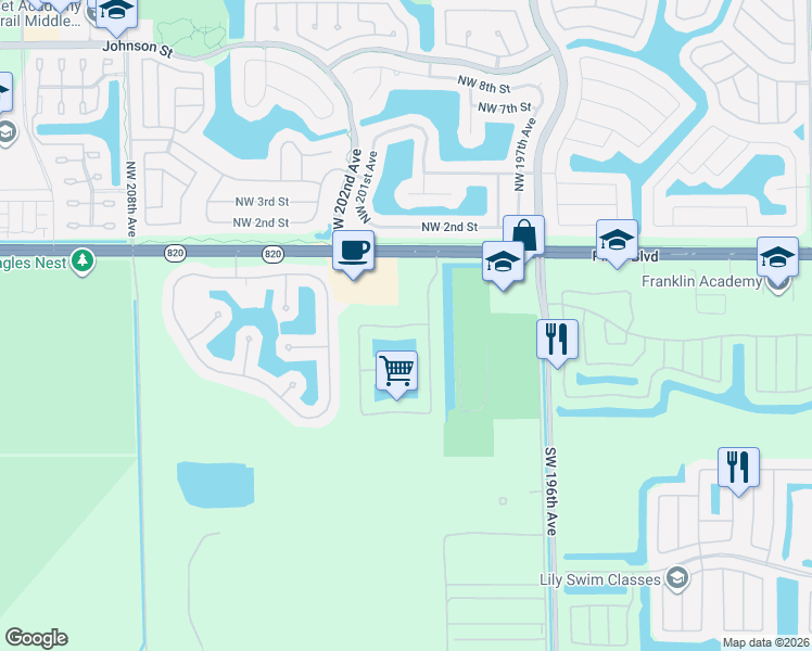 map of restaurants, bars, coffee shops, grocery stores, and more near 250 Southwest 198th Terrace in Pembroke Pines