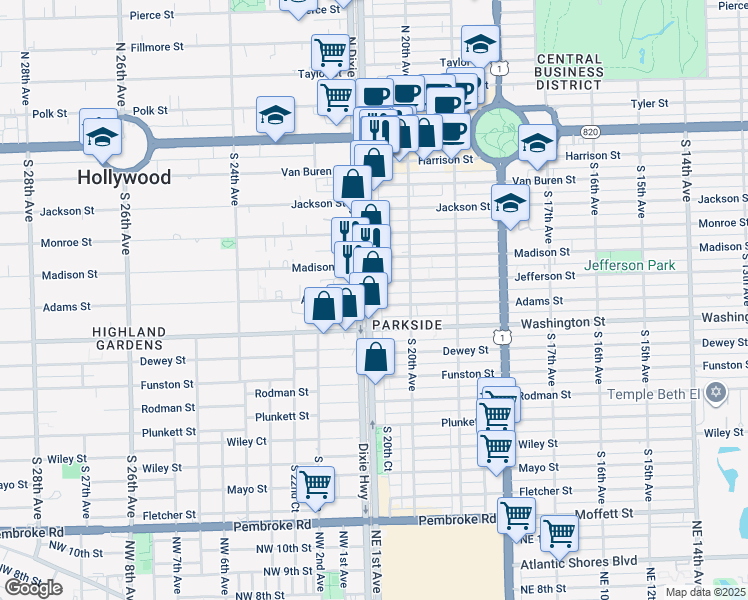 map of restaurants, bars, coffee shops, grocery stores, and more near 2034 Jefferson Street in Hollywood