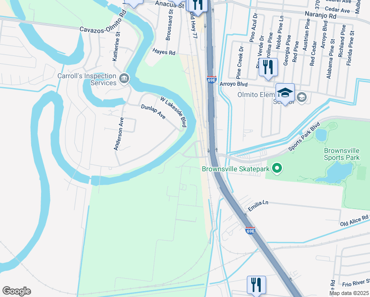 map of restaurants, bars, coffee shops, grocery stores, and more near 6625 Lakeside Boulevard East in Olmito