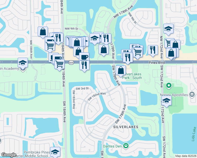 map of restaurants, bars, coffee shops, grocery stores, and more near 17903 Southwest 2nd Street in Pembroke Pines