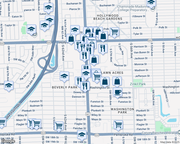 map of restaurants, bars, coffee shops, grocery stores, and more near 425 Florida 7 in Hollywood