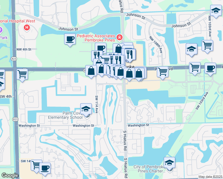 map of restaurants, bars, coffee shops, grocery stores, and more near 235 Southwest 113th Lane in Pembroke Pines