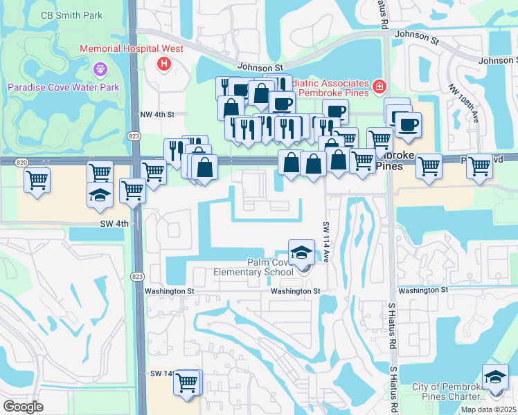 map of restaurants, bars, coffee shops, grocery stores, and more near 11601 Southwest 2nd Street in Pembroke Pines