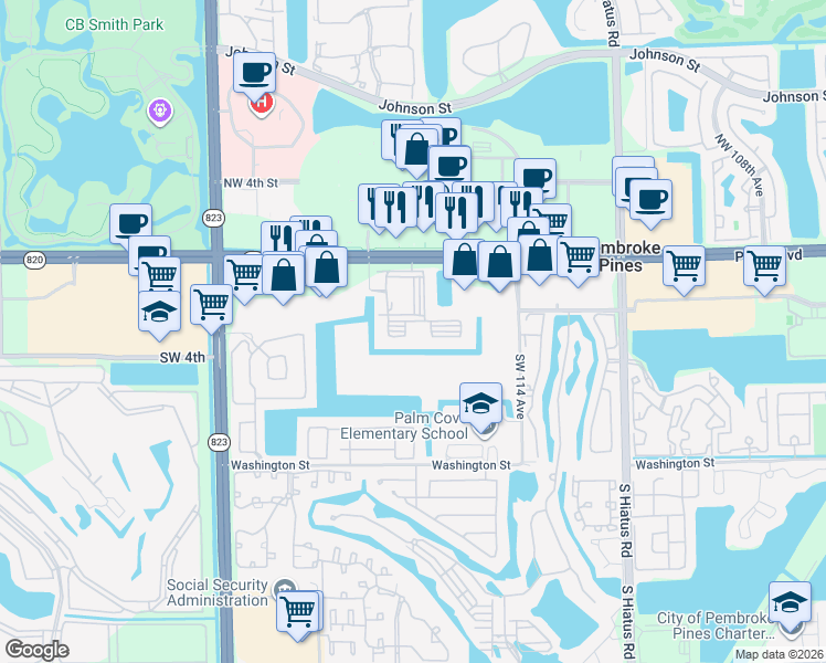map of restaurants, bars, coffee shops, grocery stores, and more near 218 Southwest 116th Avenue in Pembroke Pines