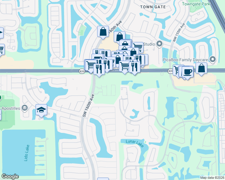map of restaurants, bars, coffee shops, grocery stores, and more near 16000 Pines Boulevard in Pembroke Pines