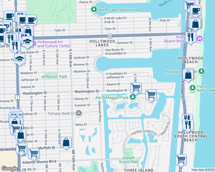 map of restaurants, bars, coffee shops, grocery stores, and more near 725 South 12th Avenue in Hollywood