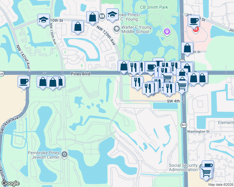 map of restaurants, bars, coffee shops, grocery stores, and more near 100 Southwest 130th Terrace in Pembroke Pines