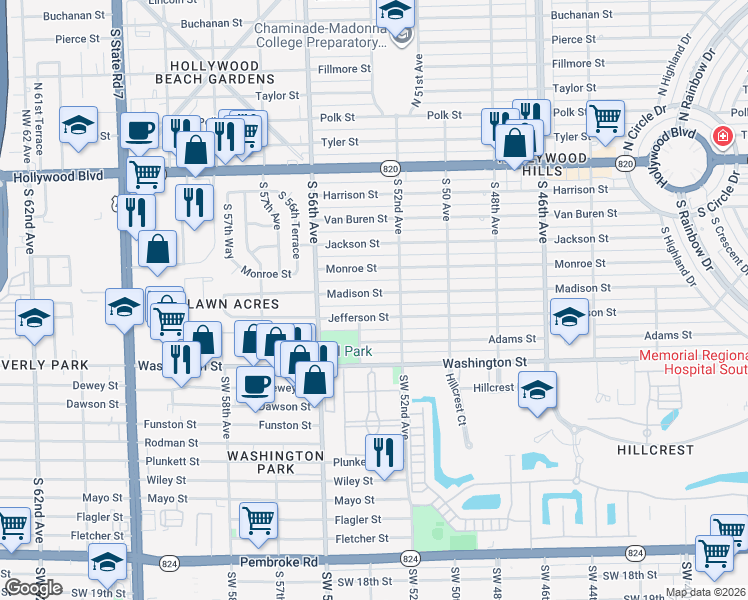 map of restaurants, bars, coffee shops, grocery stores, and more near 5401 Madison Street in Hollywood