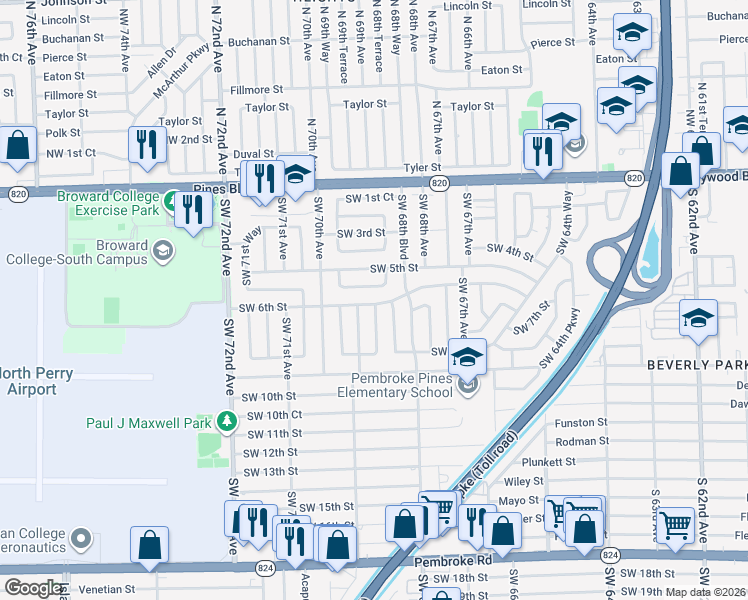 map of restaurants, bars, coffee shops, grocery stores, and more near 6930 Southwest 5th Court in Pembroke Pines
