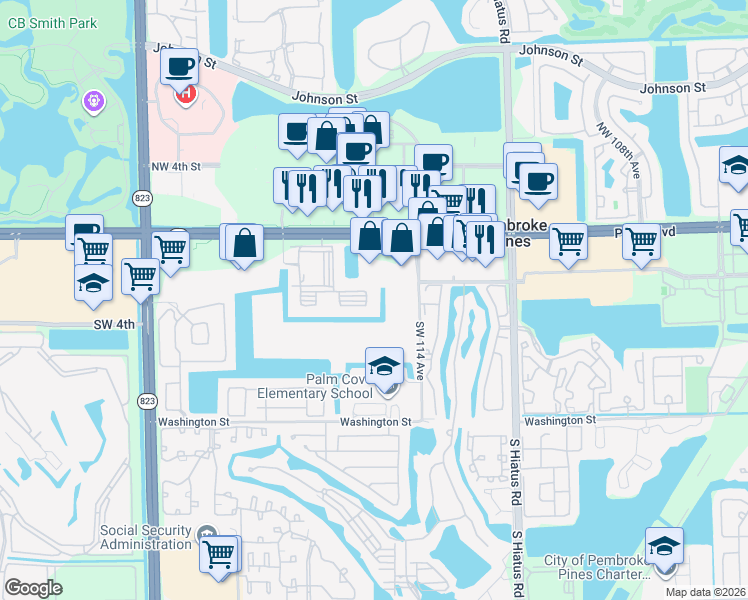map of restaurants, bars, coffee shops, grocery stores, and more near 201 Southwest 116th Avenue in Pembroke Pines