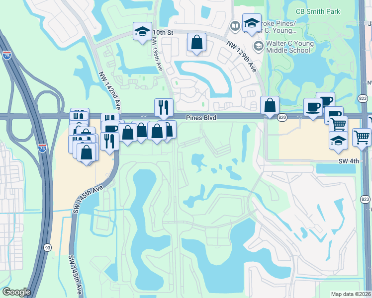 map of restaurants, bars, coffee shops, grocery stores, and more near in Pembroke Pines