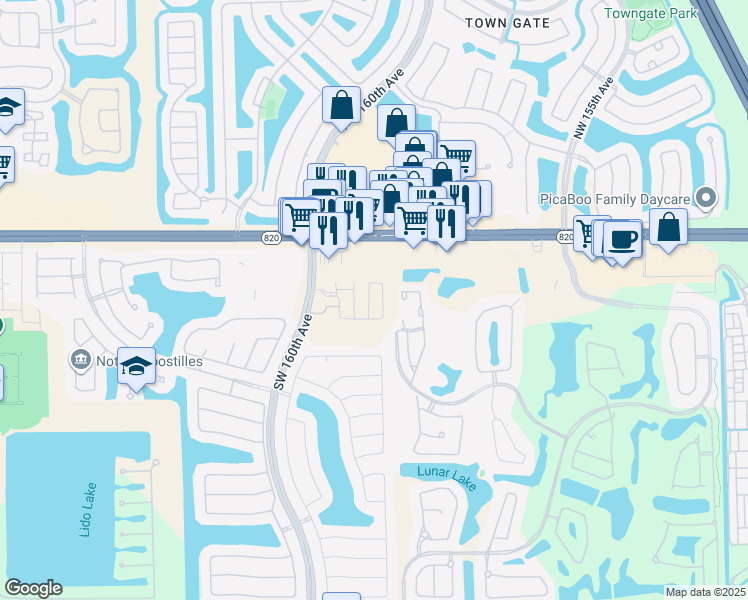 map of restaurants, bars, coffee shops, grocery stores, and more near 16000 Pines Boulevard in Pembroke Pines