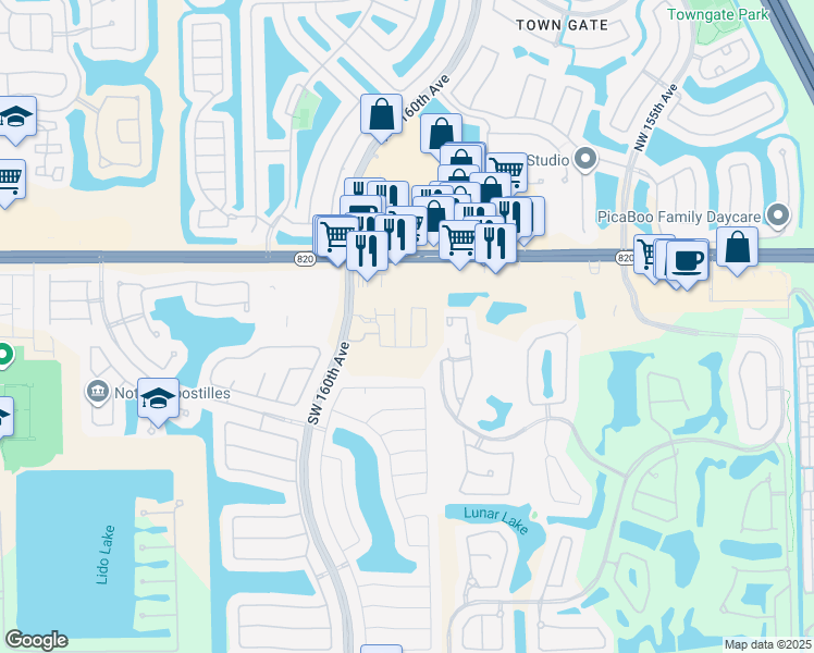 map of restaurants, bars, coffee shops, grocery stores, and more near 16000 Pines Boulevard in Pembroke Pines