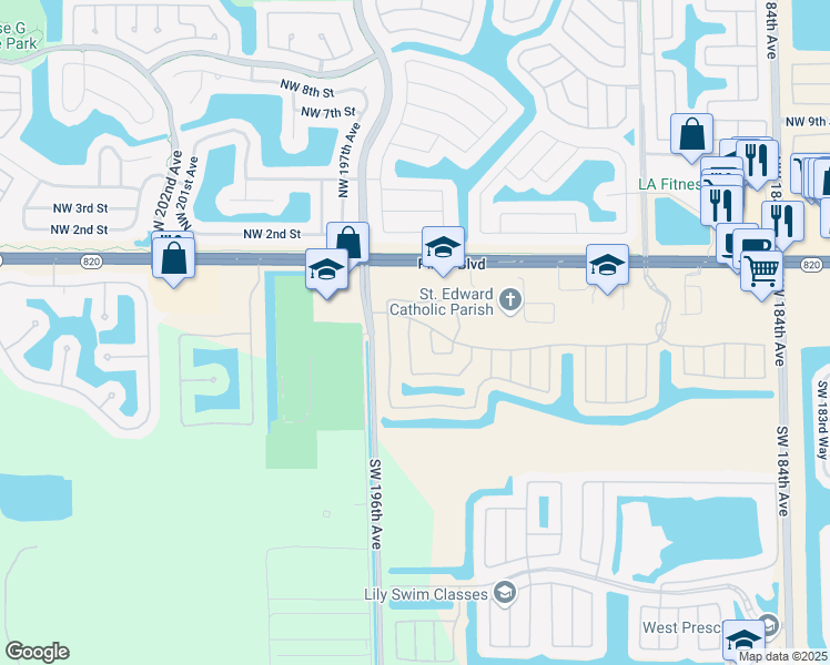 map of restaurants, bars, coffee shops, grocery stores, and more near 317 Southwest 195th Avenue in Pembroke Pines