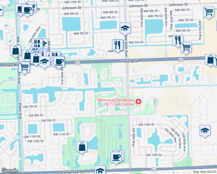 map of restaurants, bars, coffee shops, grocery stores, and more near 281 South Hollybrook Drive in Pembroke Pines
