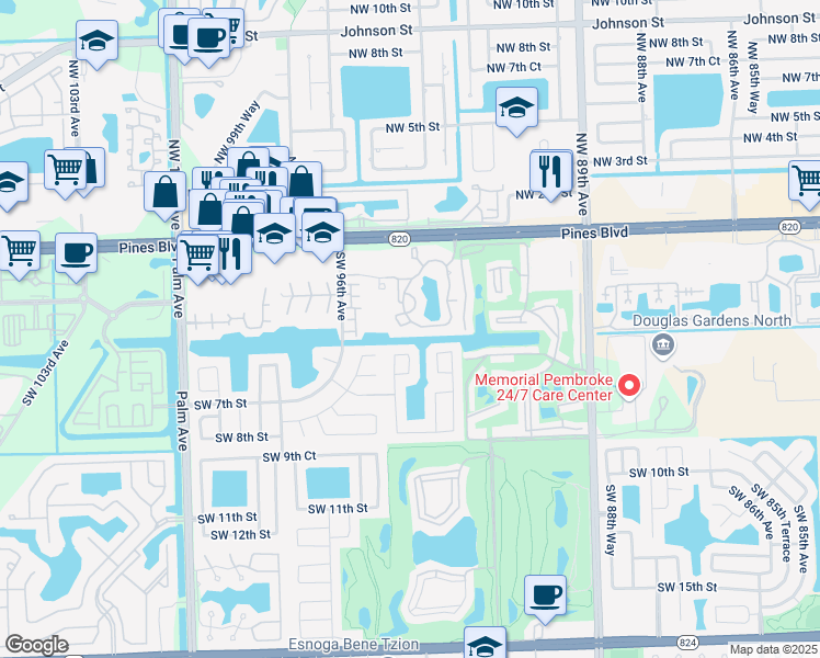 map of restaurants, bars, coffee shops, grocery stores, and more near 450 Palm Circle West in Pembroke Pines
