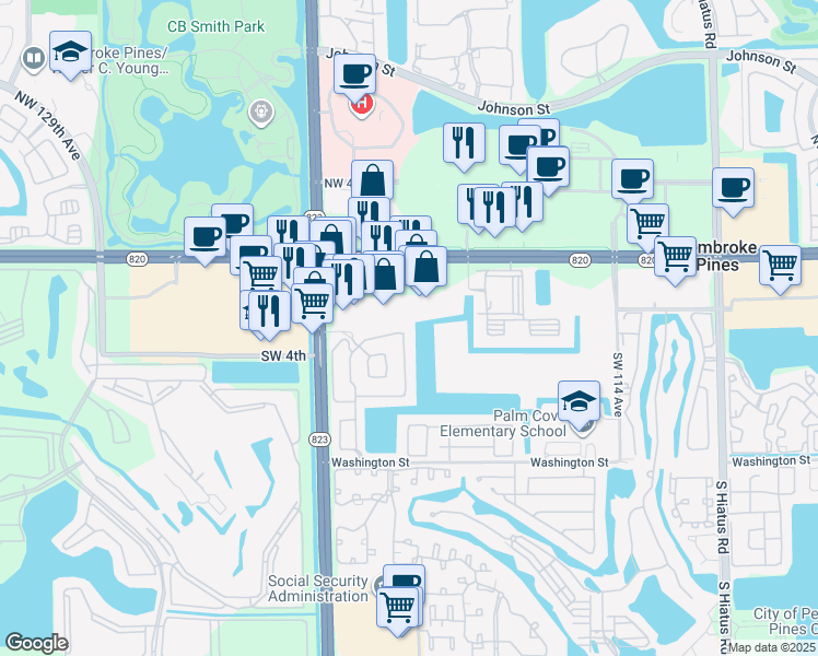 map of restaurants, bars, coffee shops, grocery stores, and more near 203 Southwest 120th Avenue in Pembroke Pines