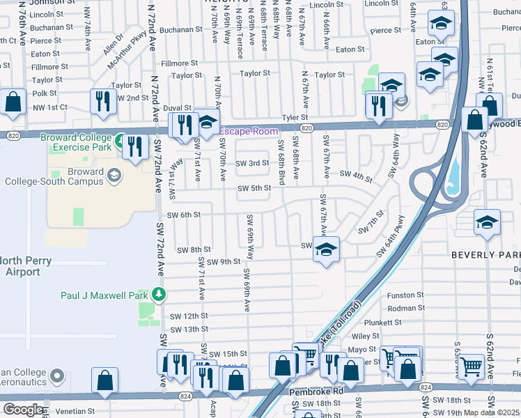 map of restaurants, bars, coffee shops, grocery stores, and more near 6930 Southwest 5th Court in Pembroke Pines