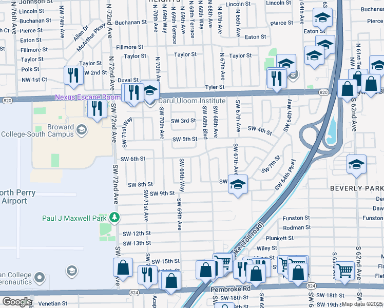 map of restaurants, bars, coffee shops, grocery stores, and more near 6851 Southwest 6th Street in Pembroke Pines