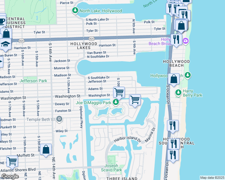 map of restaurants, bars, coffee shops, grocery stores, and more near 1000 Adams Street in Hollywood