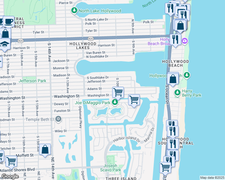 map of restaurants, bars, coffee shops, grocery stores, and more near 1000 Adams Street in Hollywood