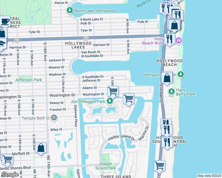 map of restaurants, bars, coffee shops, grocery stores, and more near 1000 Adams Street in Hollywood