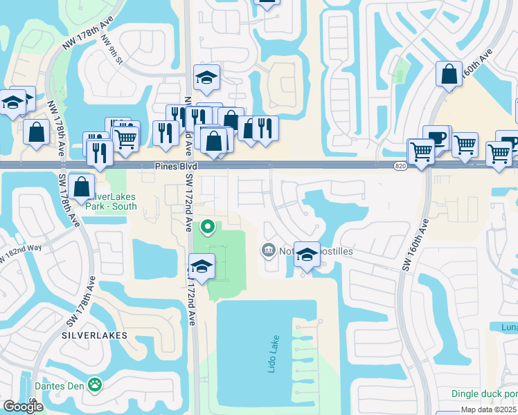 map of restaurants, bars, coffee shops, grocery stores, and more near 16869 Southwest 1st Manor in Pembroke Pines