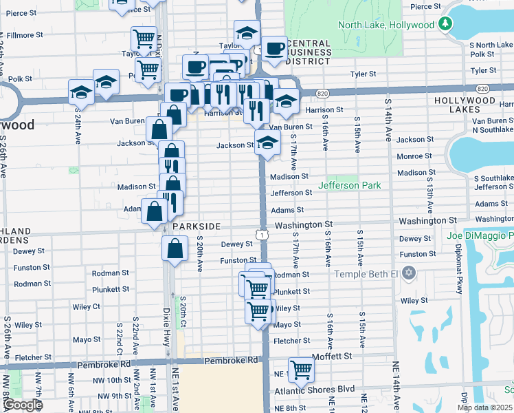 map of restaurants, bars, coffee shops, grocery stores, and more near 1811 Jefferson Street in Hollywood
