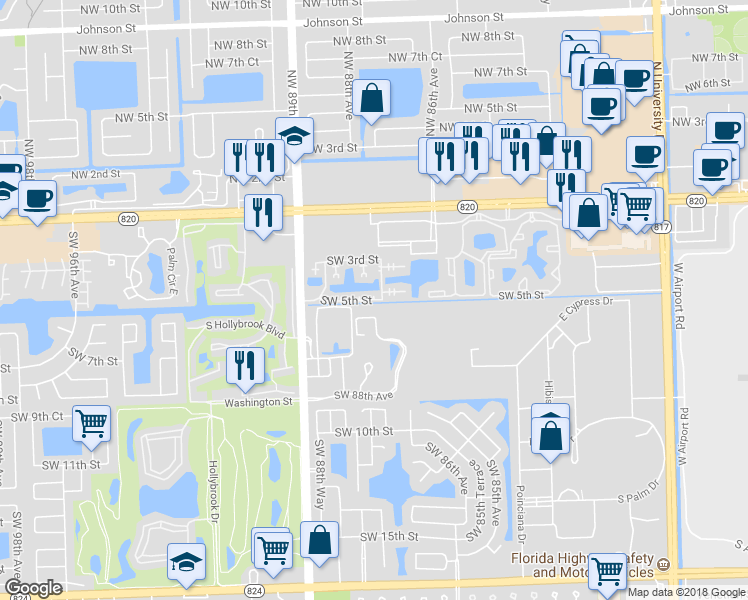 map of restaurants, bars, coffee shops, grocery stores, and more near 8779 SW 5th St in Pembroke Pines