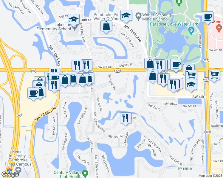 map of restaurants, bars, coffee shops, grocery stores, and more near 251 Southwest 134th Way in Pembroke Pines