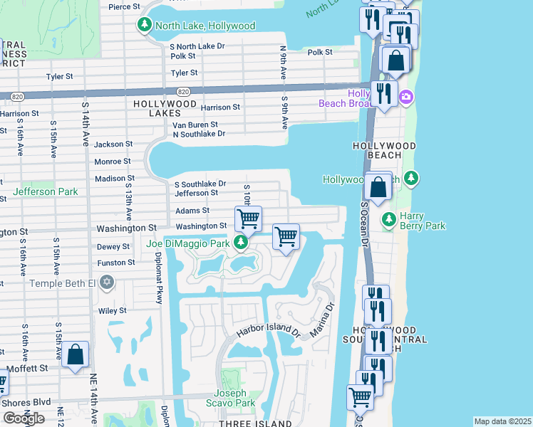 map of restaurants, bars, coffee shops, grocery stores, and more near 932 Adams Street in Hollywood
