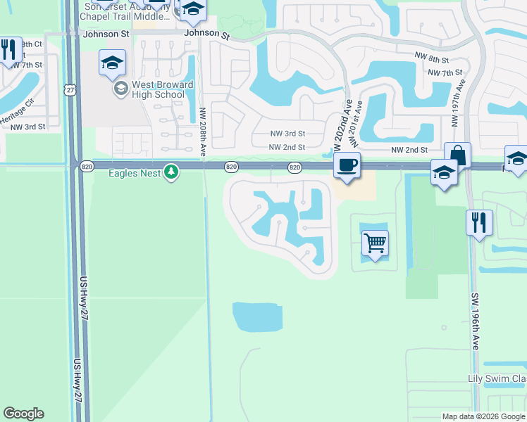 map of restaurants, bars, coffee shops, grocery stores, and more near 20525 Southwest 2nd Street in Pembroke Pines