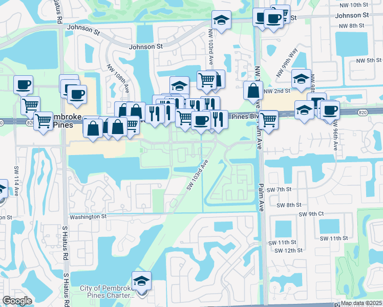 map of restaurants, bars, coffee shops, grocery stores, and more near 10400 Southwest City Center boulevard in Pembroke Pines