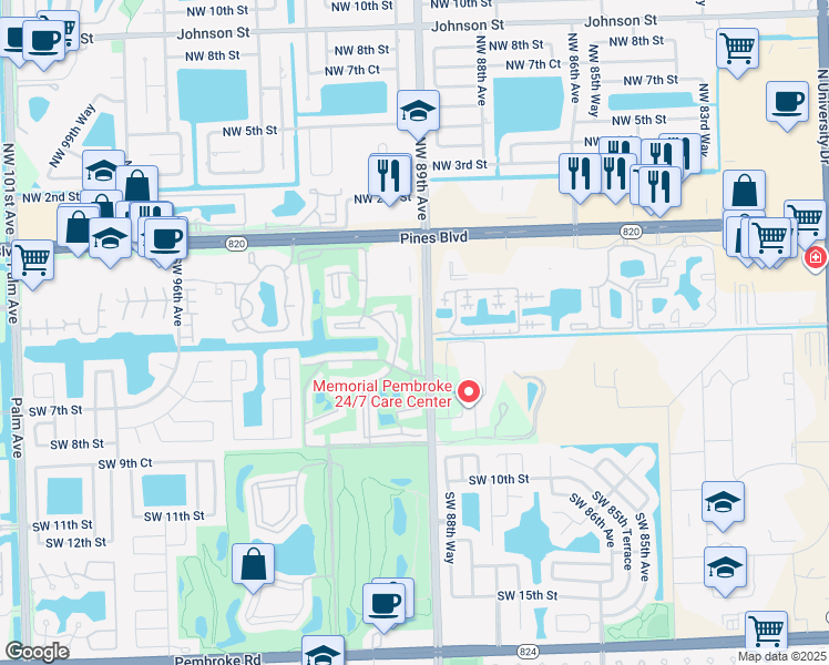map of restaurants, bars, coffee shops, grocery stores, and more near 450 Southwest 88th Terrace in Pembroke Pines
