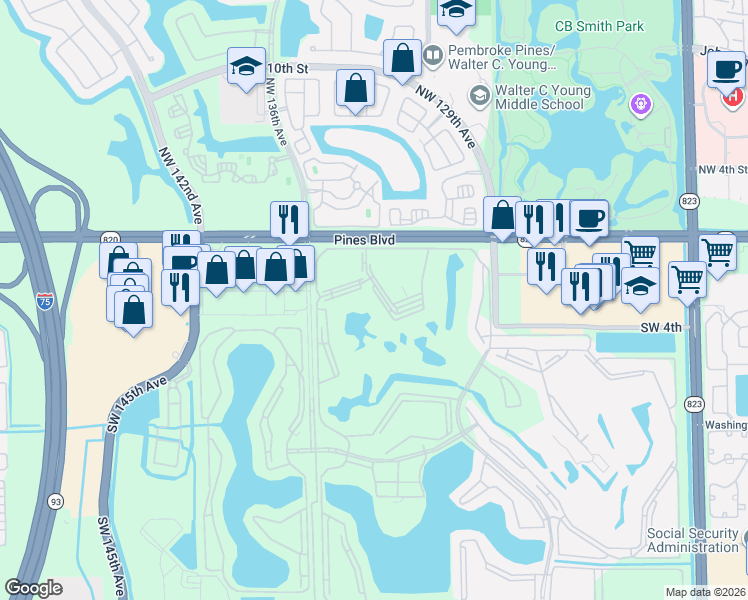 map of restaurants, bars, coffee shops, grocery stores, and more near 251 Southwest 134th Way in Pembroke Pines