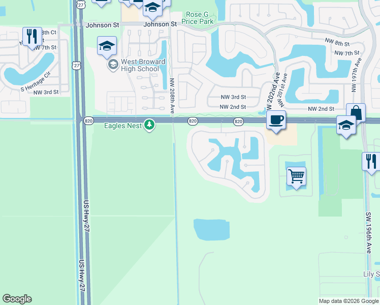 map of restaurants, bars, coffee shops, grocery stores, and more near 142 Southwest 206th Avenue in Pembroke Pines