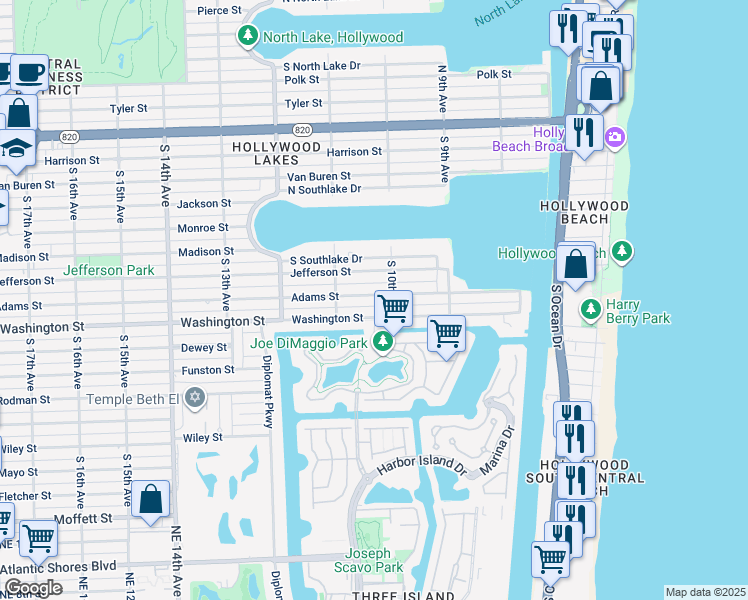 map of restaurants, bars, coffee shops, grocery stores, and more near 1000 Adams Street in Hollywood