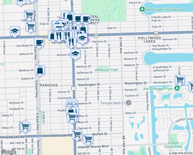 map of restaurants, bars, coffee shops, grocery stores, and more near 718 South 16th Avenue in Hollywood